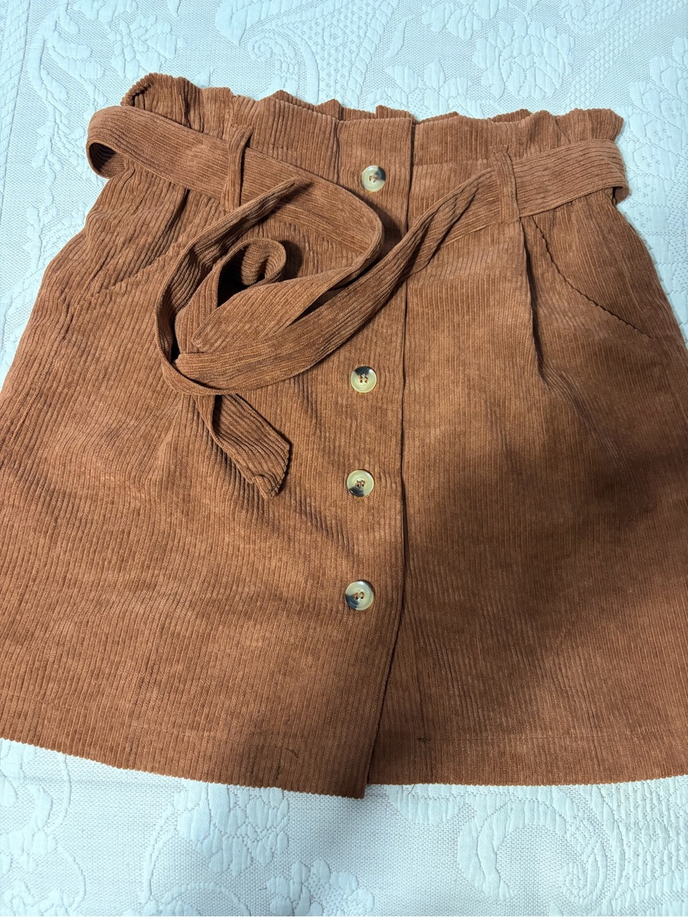 EUC Button-Front Corduroy Paperbag Skirt in Brown SMALL